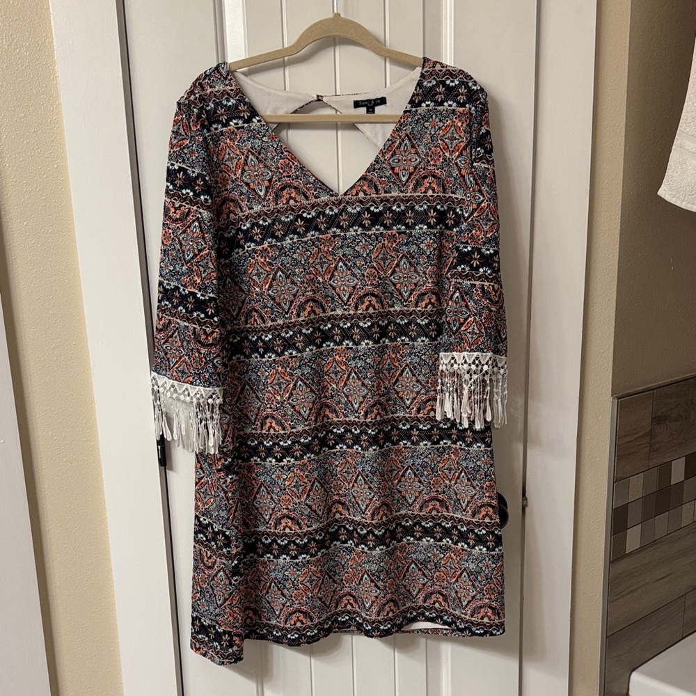Bohemian V-Neck Dress with Fringe Sleeves